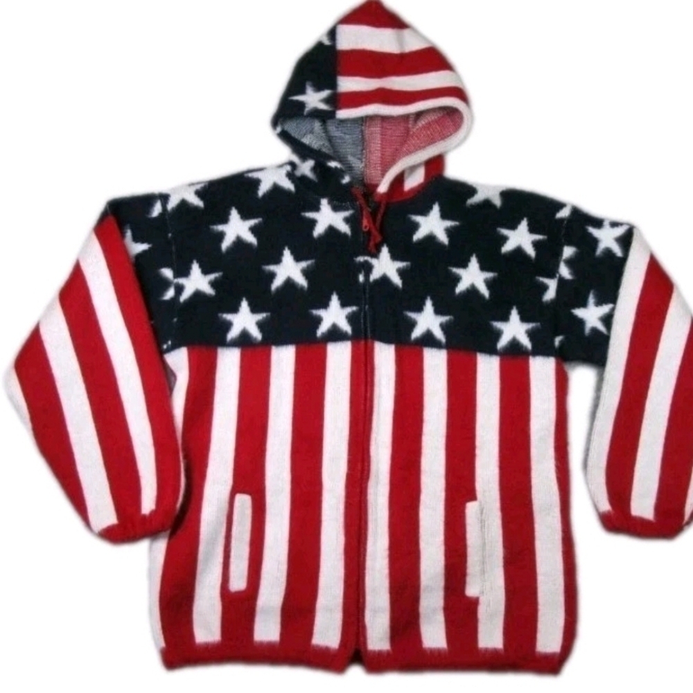 Vintage Tejidos Ruminahui Alpaca Wool Usa Hoodie Sweater Flag Patriot Mens Xl